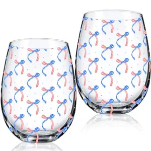 Set of two Sliner stemless wine glasses with patriotic red and blue butterfly design