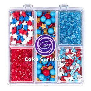 Kercky patriotic sprinkle mix in a five-compartment plastic box with star, jimmy, and sanding sugar varieties