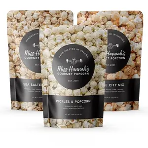 Miss Hannah's popcorn starter pack with sea salted brûlée, bridge city mix, and pickles & popcorn
