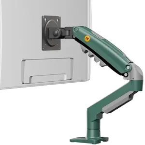 NB ERGONOMIC F80 monitor arm in olive green holding a 24-inch monitor on a wooden desk