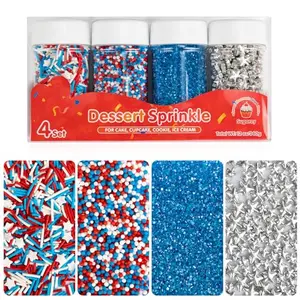 Sugarzy 4-pack patriotic sprinkles with separate bottles of red, white, and blue jimmies and silver stars
