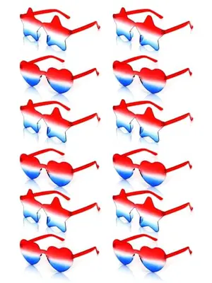 Star and heart shaped patriotic sunglasses in red, white, and blue gradient