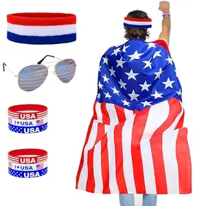 American flag cape, star-spangled glasses, and red white blue headband laid out