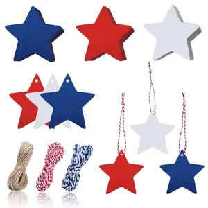 Kraft paper star gift tags in red, white, and navy blue with string bundles