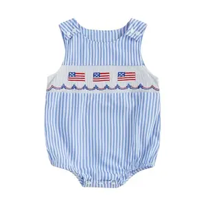 Twopumpkin smocked baby bubble romper with embroidered American flag