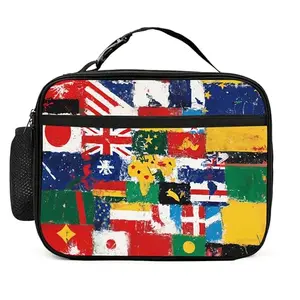 Colorful flags pattern lunch bag with wide zipper closure