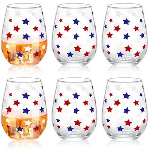 Set of six patriotic stemless wine glasses with red, white, and blue star design