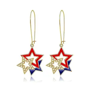 Long dangle hoop earrings with red, white, and blue crystal stars