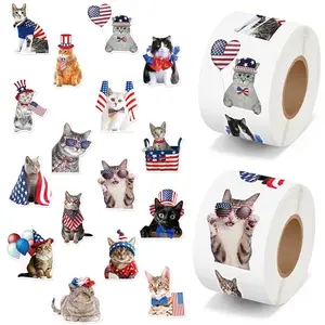 Roll of small patriotic cat stickers with 16 different designs
