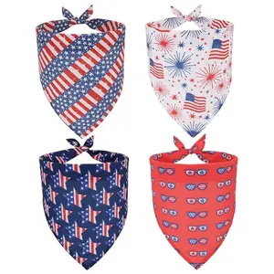 Four ADOGGYGO small dog bandanas featuring stars, stripes, and fireworks patterns