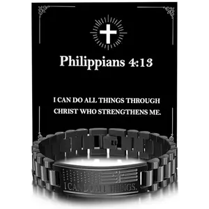 Alissl bracelet with American flag and cross design, packaging includes a blue gift box and inspirational card