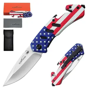ALBATROSS tactical folding knife with American flag handle, seatbelt cutter, and glass breaker