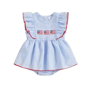 Ayalinggo baby girl 4th of July smocked bubble romper with ruffles and American flag embroidery