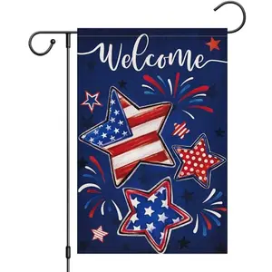 Patriotic garden flag 12x18 burlap double sided with fireworks and welcome design