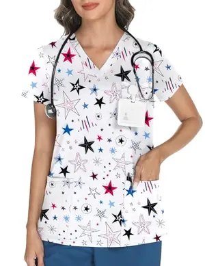 LOMON Patriotic Scrubs for Women V Neck USA Stars Print Scrub Tops with 3 Pockets