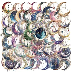 Sheet of 50 dreamy moon, crystal, and star stickers with gold accents