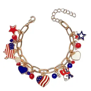 American flag charm bracelet with USA map heart pendant adjustable for women
