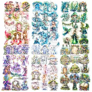 Transparent PET stickers featuring watercolor dragons, fairies, and unicorns on a light surface