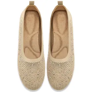 Almusen Women's Glitter Knit Ballet Flats in beige with rhinestone decoration