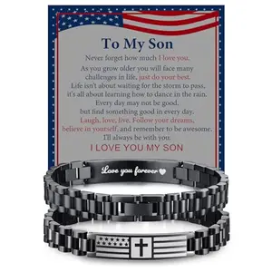 VNOX stainless steel bracelet with American flag cross pendant on a watch band style link