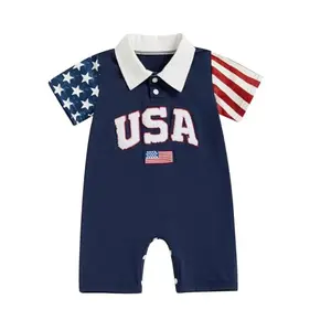 Cute blue baby romper with lapel collar and flag embroidery for 4th of July