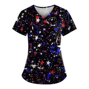 4th of July Scrubs for Women V Neck Short Sleeve Printed Tops Cartoon Pattern Plus Size Nursing with Pockets