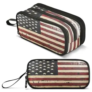 ALAZA American flag large pencil case with three compartments and handle