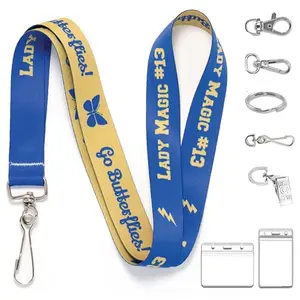 Customizable lanyard with printed logo and text on a white background
