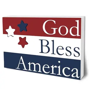 GHTRP wooden God Bless America sign on rustic entryway shelf