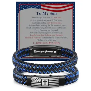 VNOX blue leather bracelet with American flag cross charm and adjustable clasp