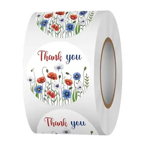 Acetiamin thank you round stickers roll with floral design for patriotic order sealing