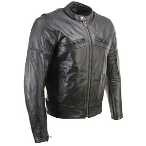 Black leather motorcycle jacket with mandarin collar and CE armor
