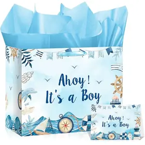 Navy blue gift bag with Ahoy It's a Boy design, dolphin and lighthouse