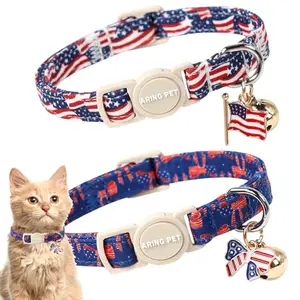 Two ARING PET cotton patriotic cat collars with bells and pendants