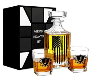 American flag decanter set with 2 glasses, personalized with a large initial letter.