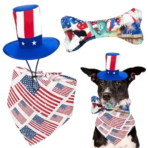 Ousiya 4th of July dog set with hat, bandana, and bone toy