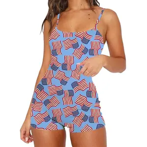 Mylleure women's patriotic onesie romper with American flag stars and stripes, sleeveless blue bodycon style for 4th of July