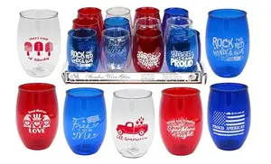 Set of twelve patriotic stemless plastic wine glasses with funny sayings