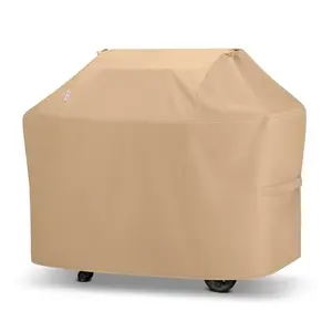 Unicook light brown grill cover on a gas grill, showing the fabric detail and handles