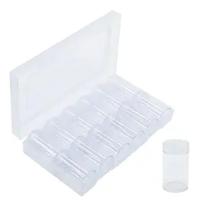 Clear round coin tubes with screw caps, storage box included, 12 tubes