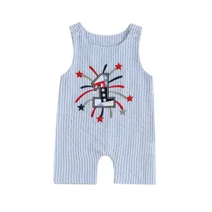 Baby boy wearing mlpeerw blue 1st birthday romper with embroidery