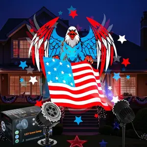 Black Lingvee Independence Day projector light with stake, projecting hawk and flag pattern on wall