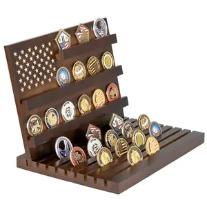 Large solid wood coin display stand with slotted design in walnut finish holding up to 80 coins