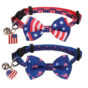 PTDECOR two cat collars with flag patterns, removable bowties, and metal bells