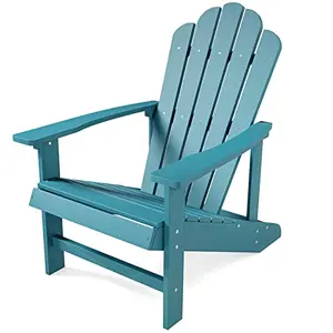 Single lake blue Adirondack chair on a wooden deck overlooking water