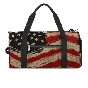 NELife retro America flag duffel bag with shoe compartment open and detachable shoulder strap