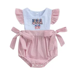 citgeett baby girl 4th of July striped sleeveless bubble onesie romper with bow