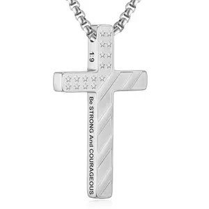RWQIAN stainless steel patriotic cross necklace with Joshua 1:9 engraving