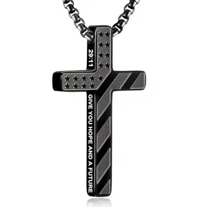 RWQIAN stainless steel American flag cross necklace with Jeremiah 29:11 Bible verse