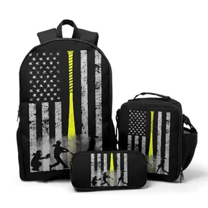 Giwawa 3-piece backpack set with lunch tote and pencil bag in baseball flag design
